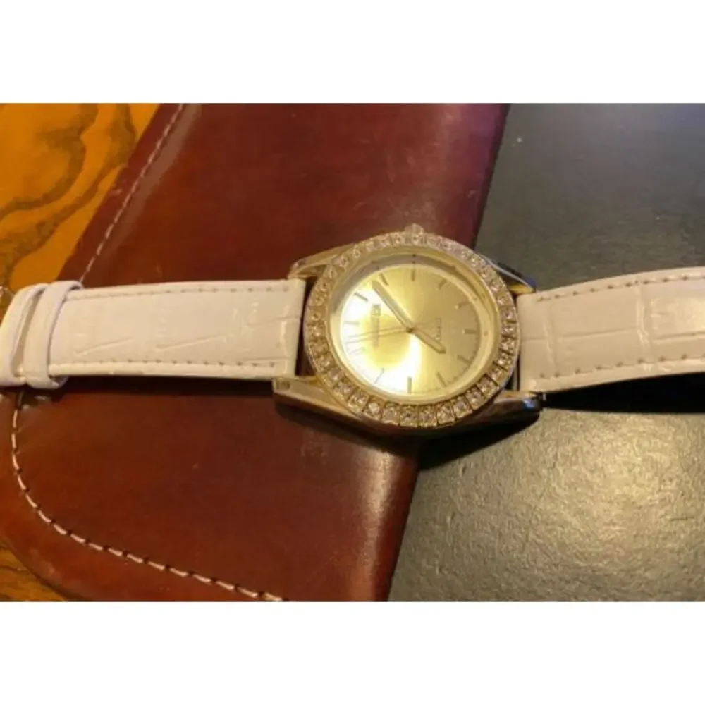 Women's 40mm Manhattan, Gold Tone with Crystal Accents, White Leather